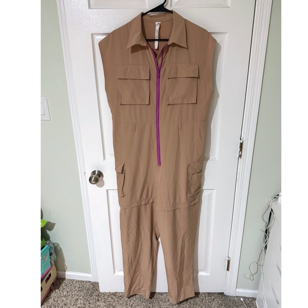 Fabletics Tan Sleeveless Utility Jumpsuit with Purple Zip